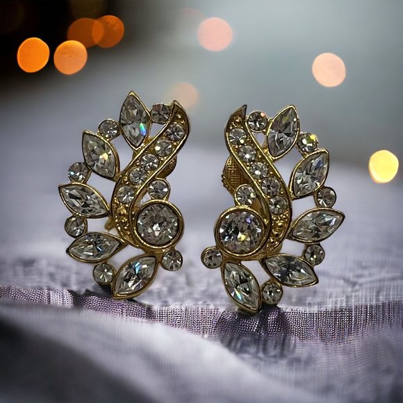 Vintage Napier Clip On Earrings Swarovski Crystal Gold Tone 1.25" Tall - Picture 1 of 5